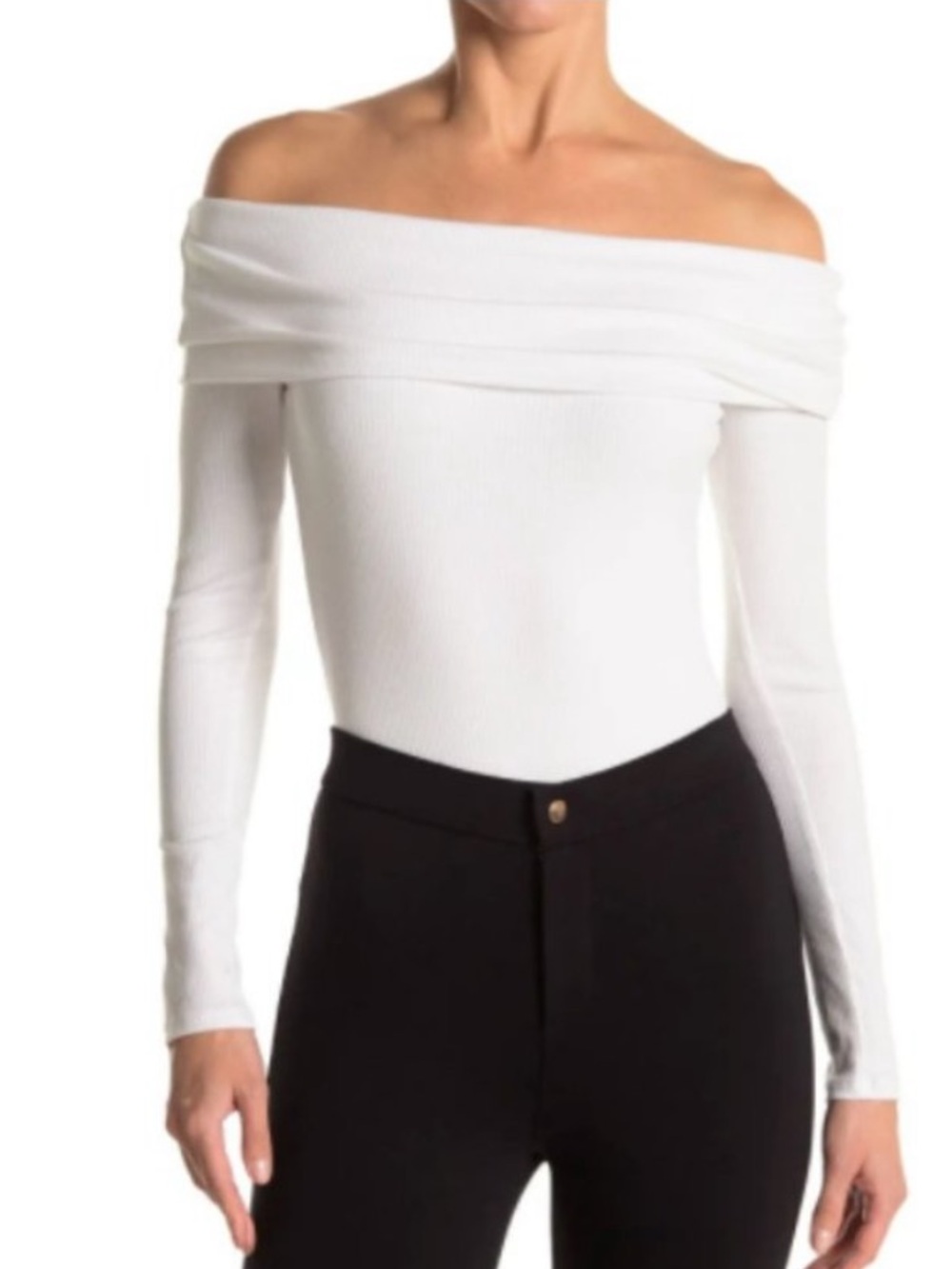 AFRM ‘Nia’ Long Sleeved Off-Shoulder Ribbed Bodysuit in White, Size Small, NWT